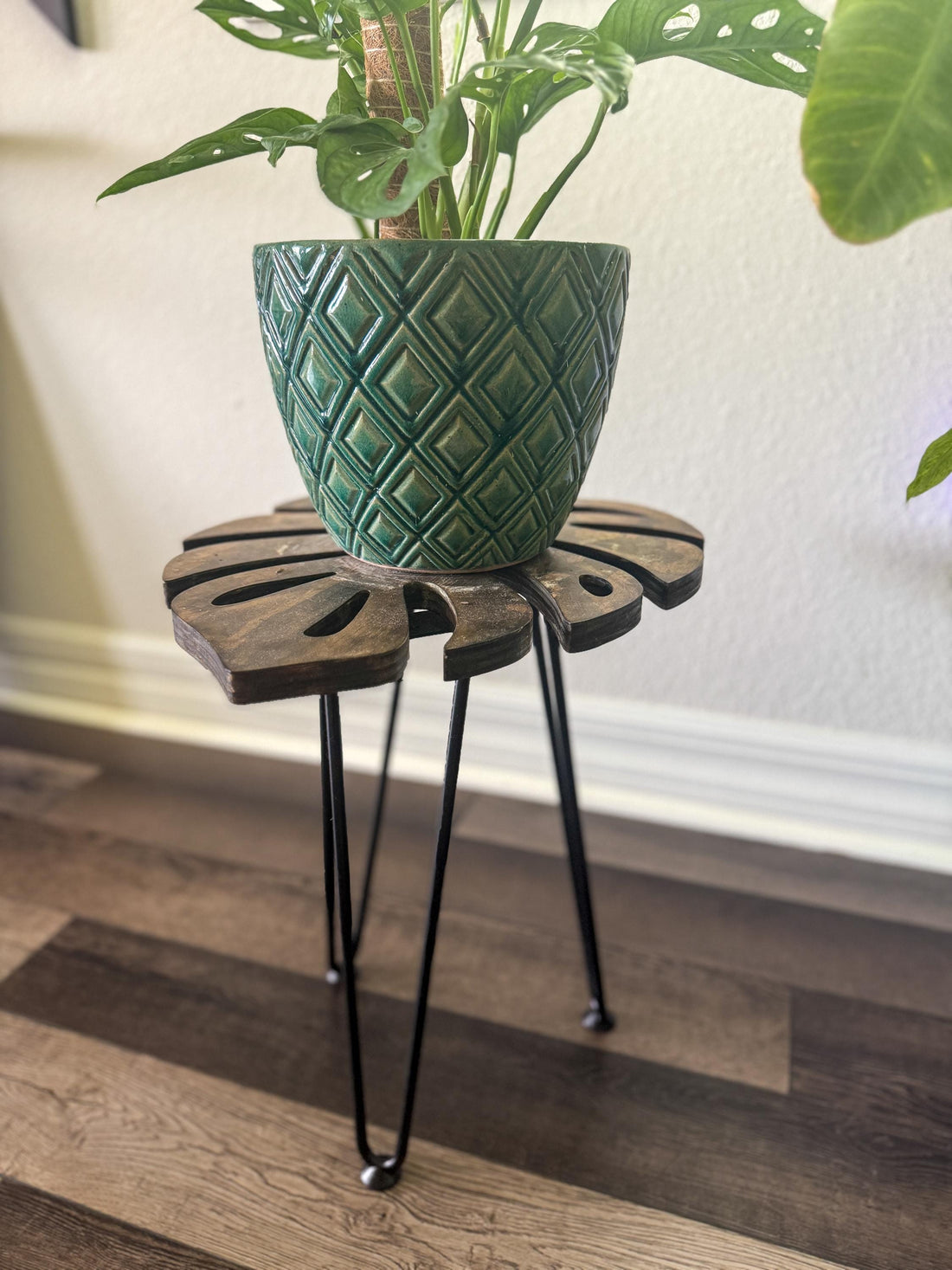 Handcrafted monstera leaf plant stand in espresso stain with metal legs